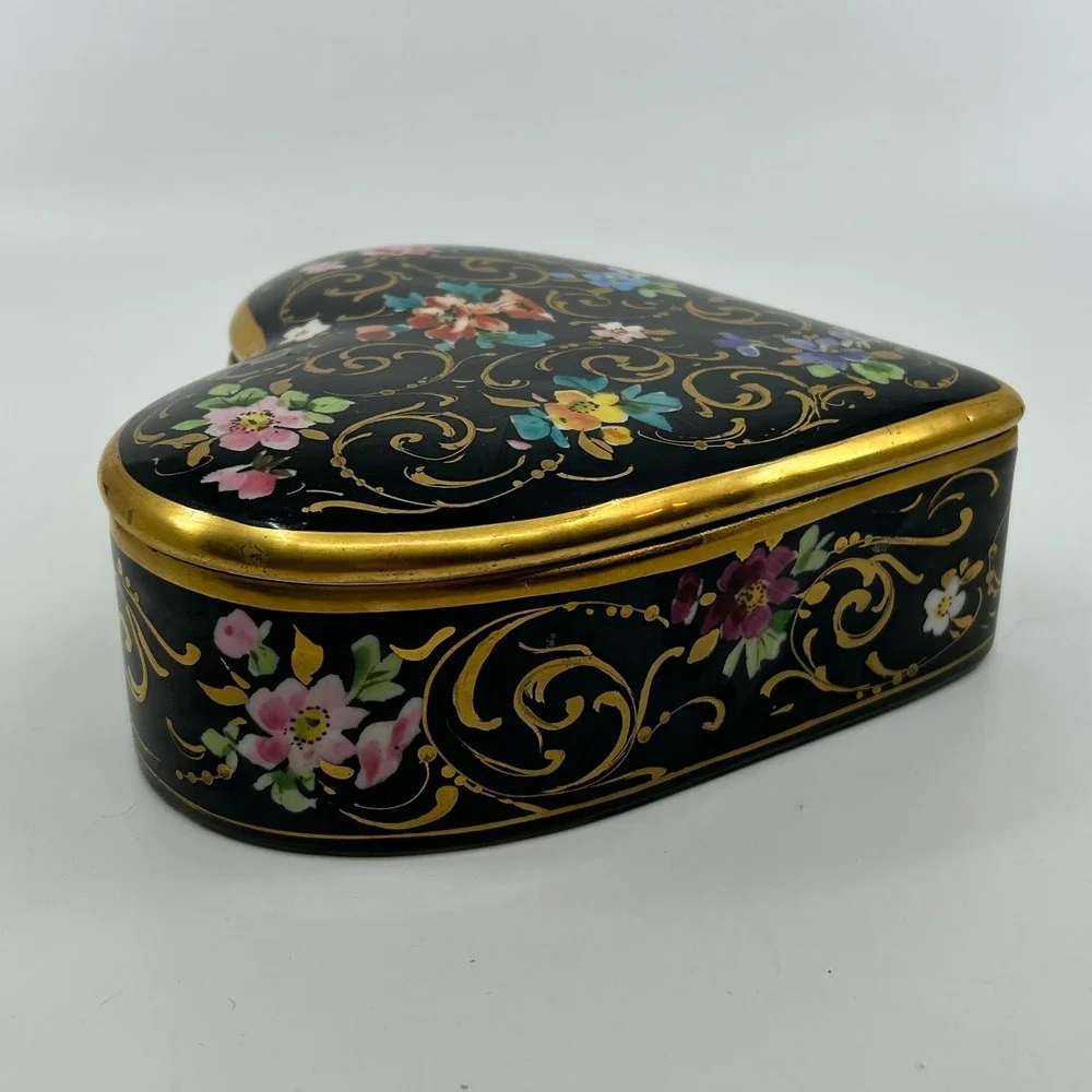 Vintage Handpainted Osborne Heart Box Trinket Box Gift Box Black Gold Floral